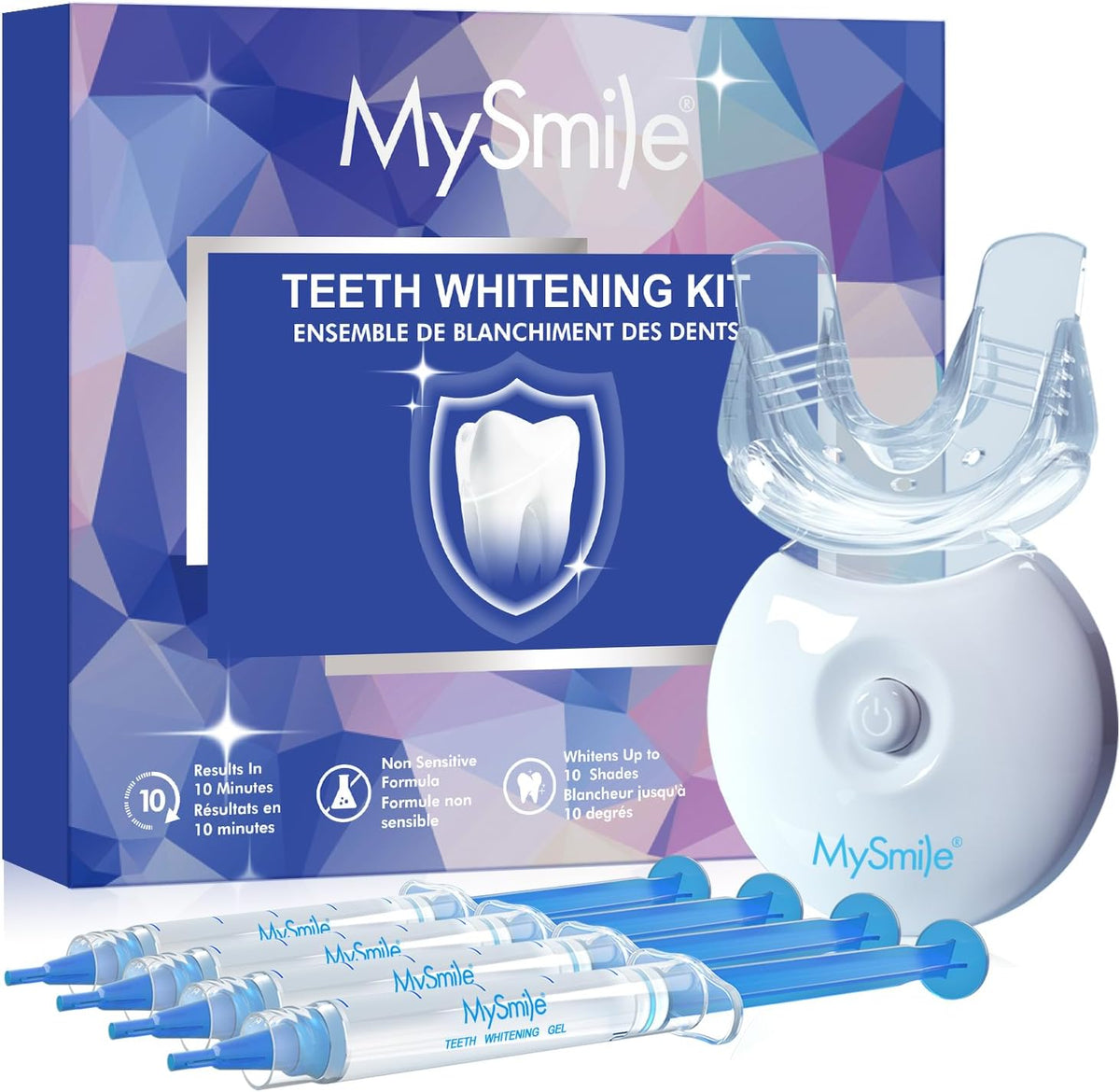 MySmile Teeth Whitening Kit with LED Light, Non-Sensitive Teeth Whitener with 4 Whitening Gel Pens, 10 Min Fast-Result Home Tooth Whitening Dental Care Help Remove Teeth Stain