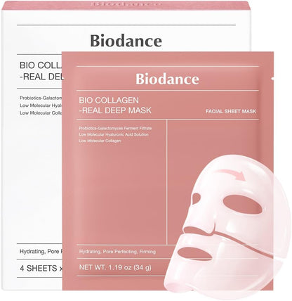 BIODANCE Bio-Collagen Real Deep Mask, Hydrating Overnight Mask, Water Locking, Pore Minimizing, Elasticity Improvement, 34g x4ea