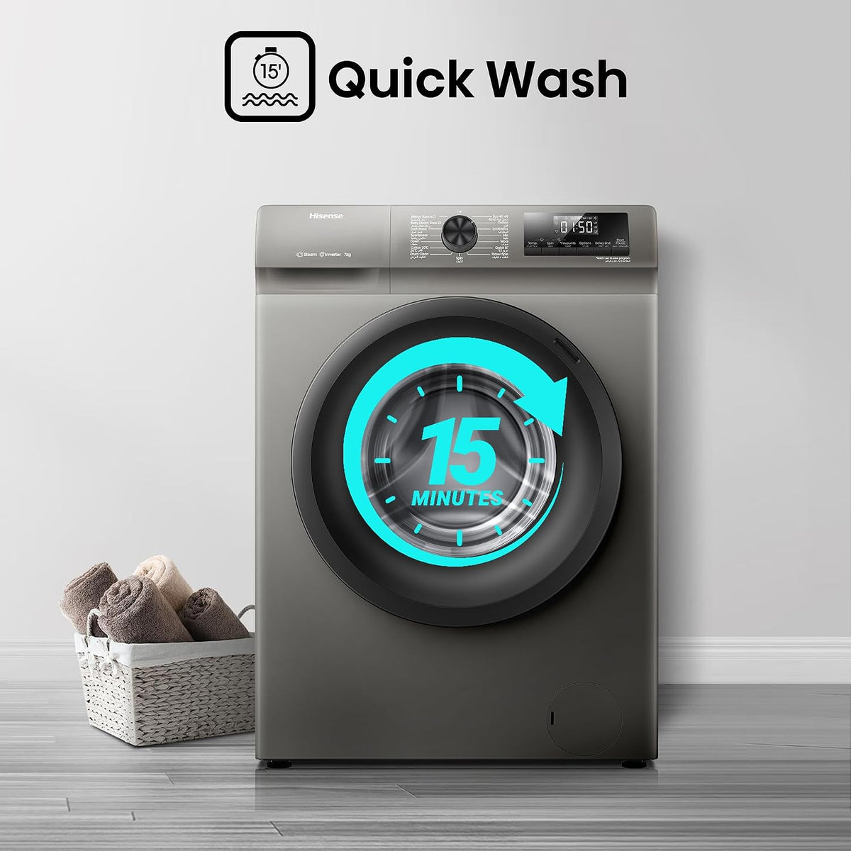 Hisense WFQP7012T 7 Kg Front Load Slim Drum Washing Machine, Inverter Motor 1200 RPM, Quick Wash, Pause & add Function, Allergy Steam Care, Titanium Grey