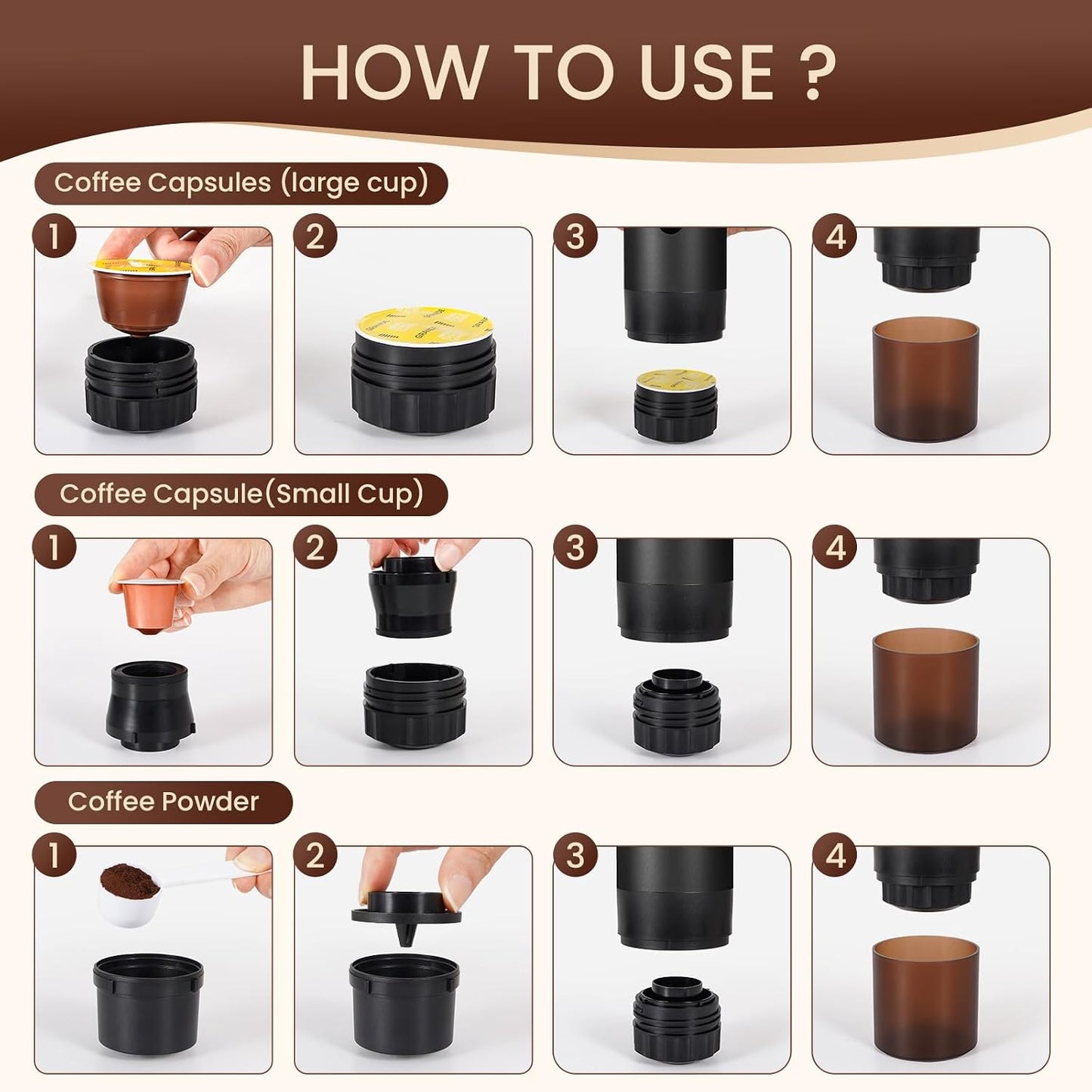 Portable Automatic Espresso Coffee Maker | USB Rechargeable Travel Coffee Machine | Compatible with Ground Coffee & Capsules