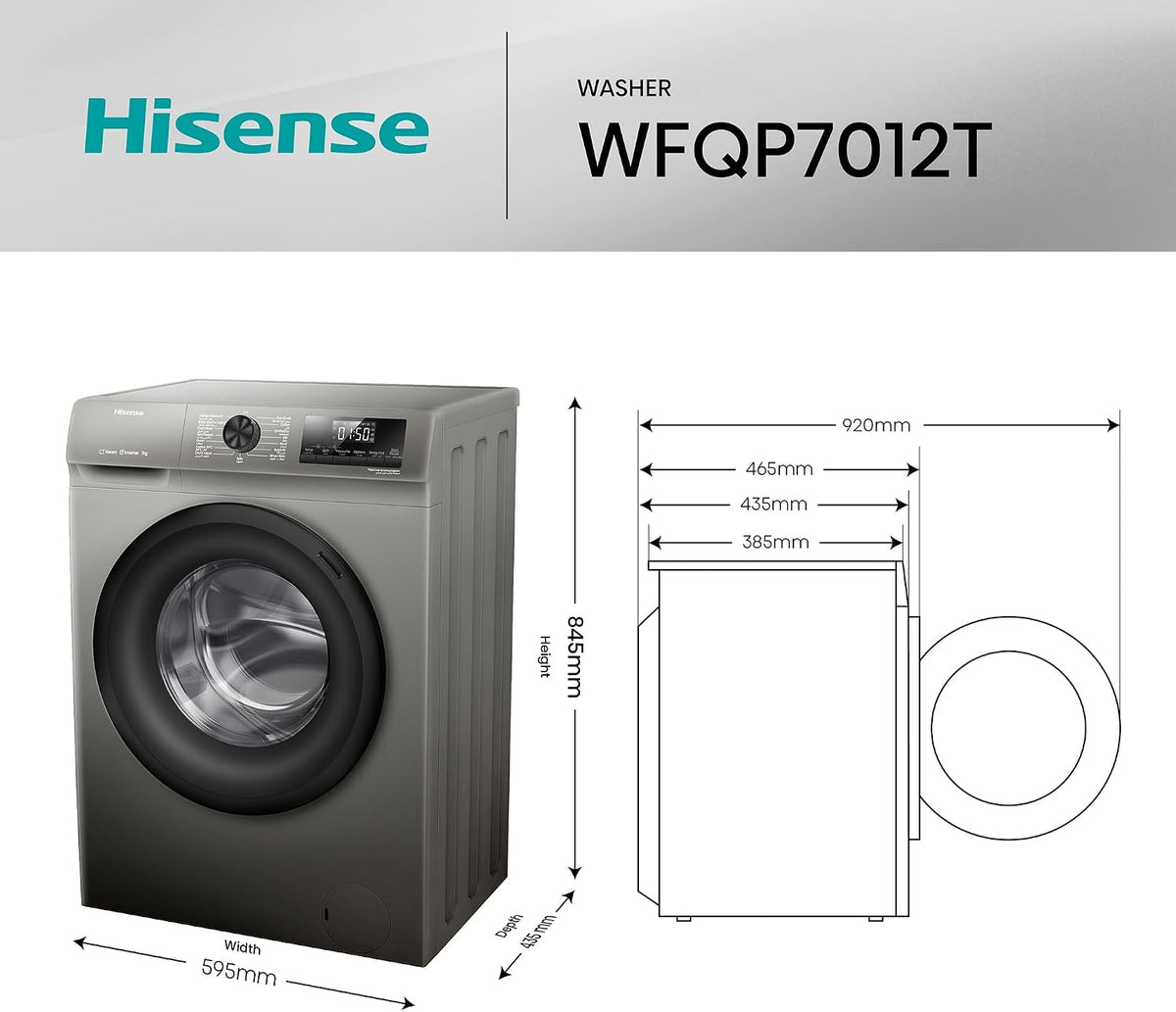 Hisense WFQP7012T 7 Kg Front Load Slim Drum Washing Machine, Inverter Motor 1200 RPM, Quick Wash, Pause & add Function, Allergy Steam Care, Titanium Grey