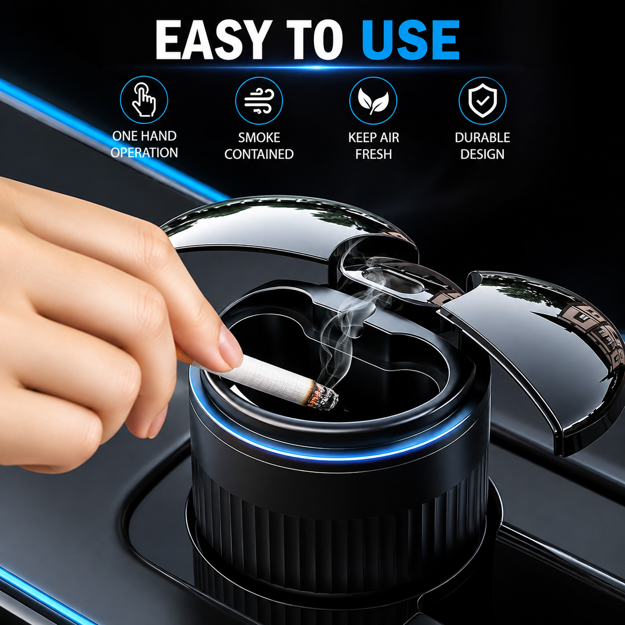 Multi-Functional Smart Car Ashtray with Lid – LED Light, Smell-Proof & Auto-Sensor