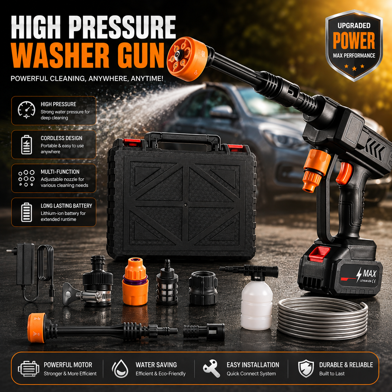 High Pressure Water Cleaning Gun – 5-in-1 Adjustable Nozzle for Car Wash, Garden & Outdoor Cleaning
