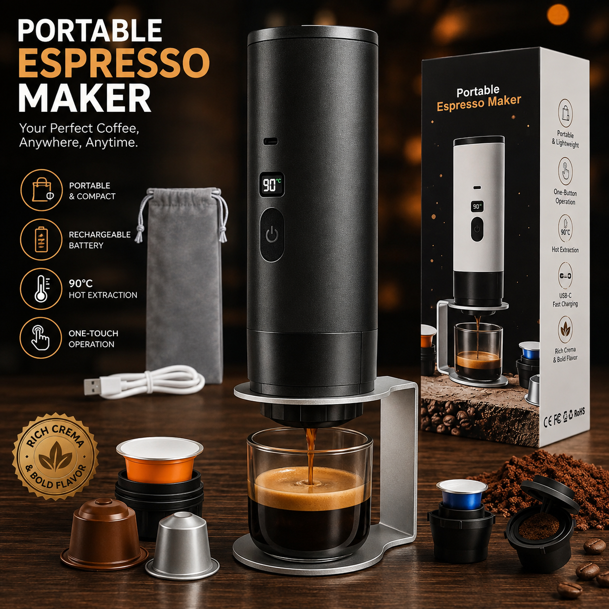 Portable Automatic Espresso Coffee Maker | USB Rechargeable Travel Coffee Machine | Compatible with Ground Coffee & Capsules