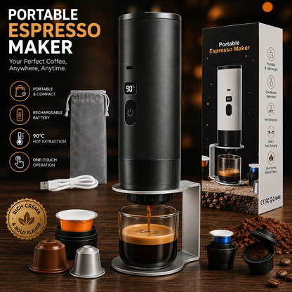 Portable Automatic Espresso Coffee Maker | USB Rechargeable Travel Coffee Machine | Compatible with Ground Coffee & Capsules