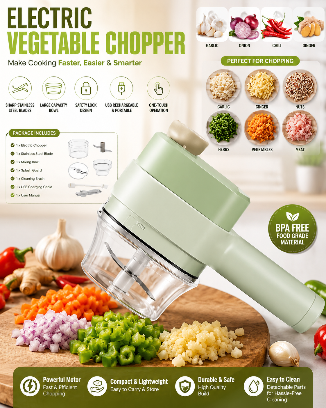 Wireless Electric Food Chopper | USB Rechargeable Mini Vegetable Chopper | Portable Garlic, Onion, Ginger & Meat Grinder