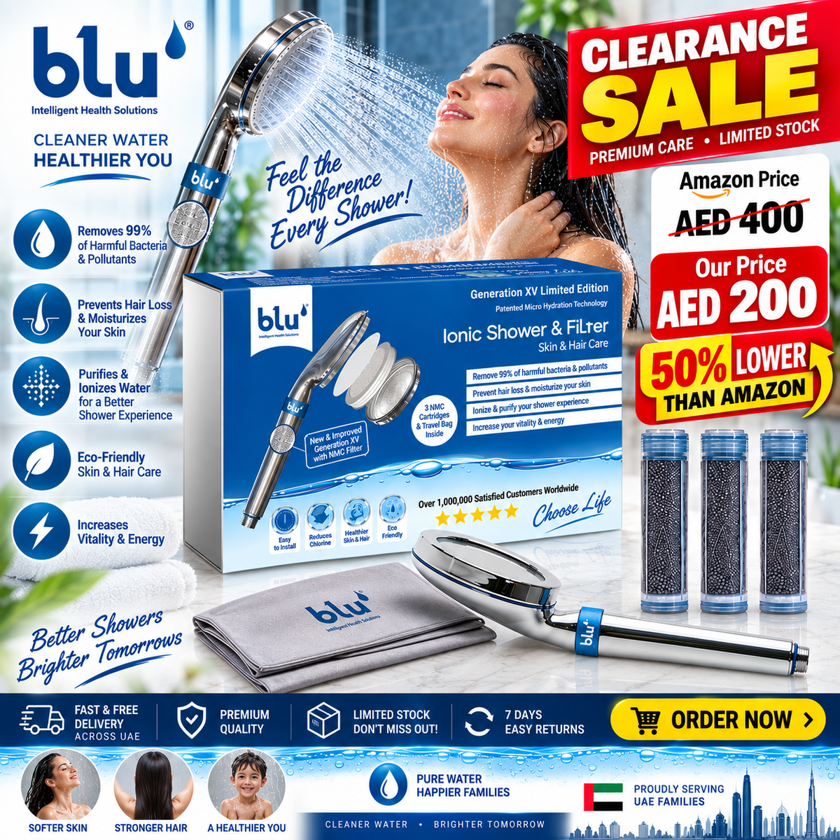 blu Ionic Shower Head & Filter - Handheld, Chrome (Amazon Exclusive) | Removes Chlorine & Harmful Pollutants, Prevents Hair Loss, Moisturizes Skin