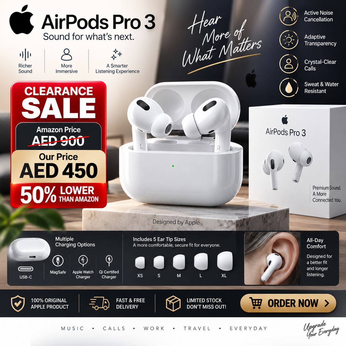 Apple AIR PODS PRO 3 Wireless headphones with charging case. includes 5 ear tip sizes. compatible with USB - C , Apple watch, magsafe and Qi certified charger USB - Cable sold separately