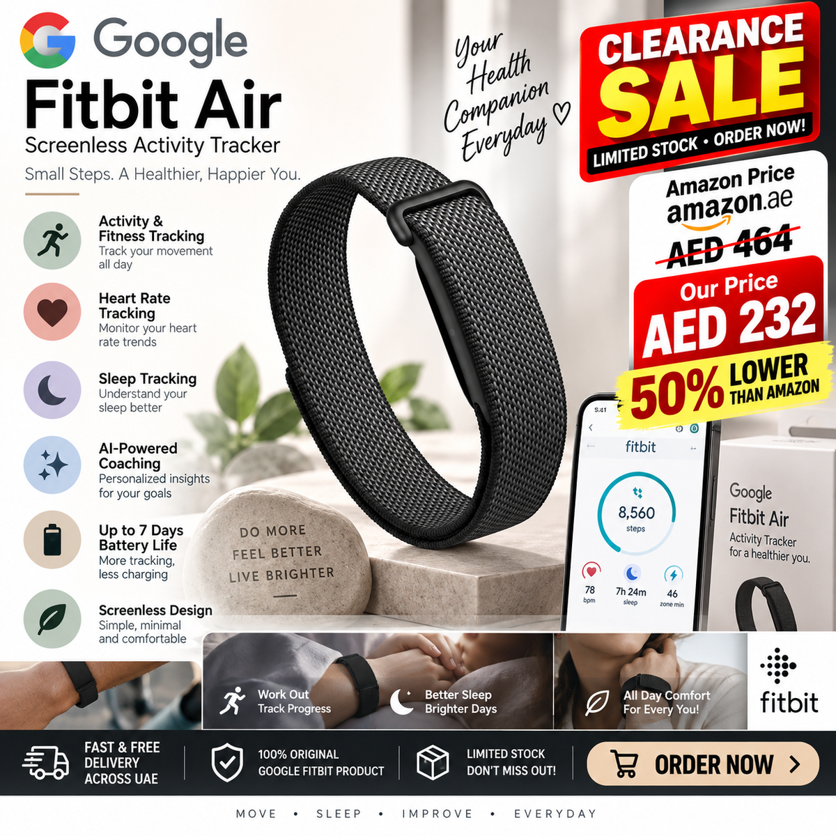 Google Fitbit Air - Screenless Activity Tracker with Fitness, Heart Rate, and Sleep Tracking - Personalized AI-Powered Coaching - Up to 7 Days’ Battery Life - Works with iOS and Android - Obsidian