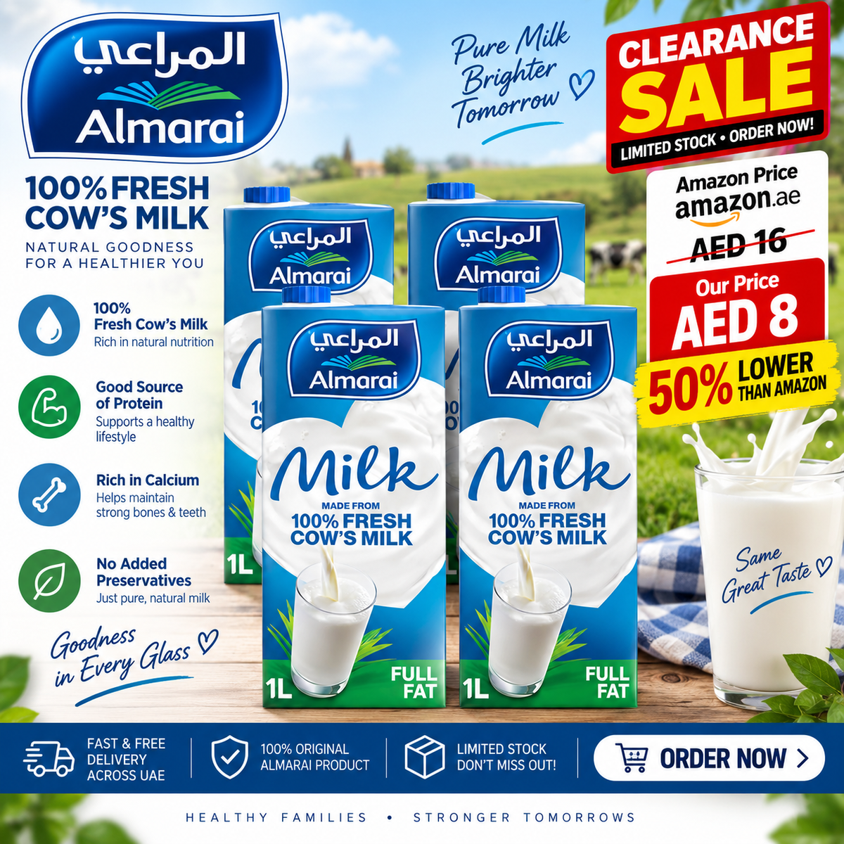 Almarai Full Fat Milk Screwcap With Vitamin, 4 X 1 Litre