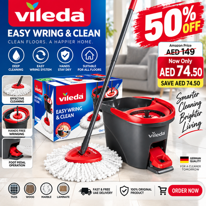 Vileda Easy Wring & Clean spin mop & bucket set with foot pedal | Vileda |3-Piece Handle 130 cm |Floor mop with spinning wringer | Turbo Refill 100% Microfibre mop head |